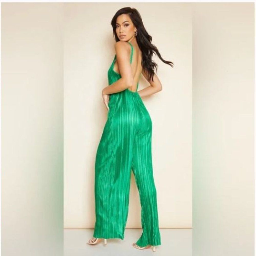 Green plisse plunge strappy jumpsuit - Picture 4 of 7